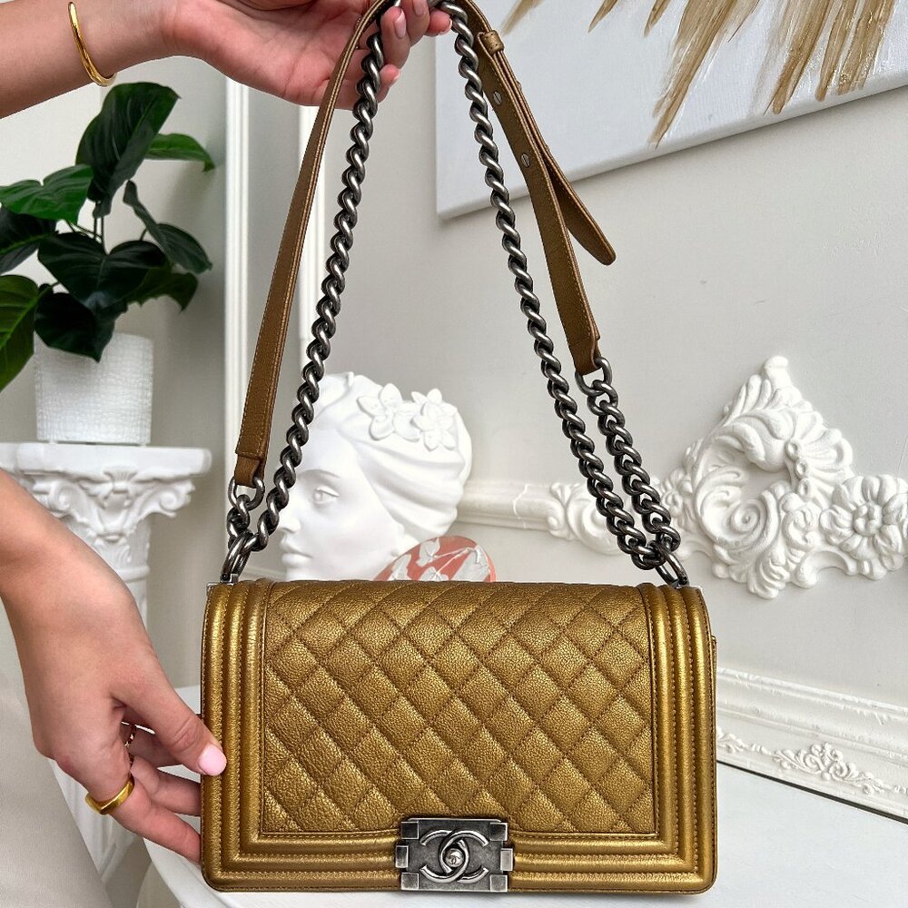 Authentic Chanel Boy Old Dark Gold Glitter Caviar Crossbody Bag 17469173 B0838